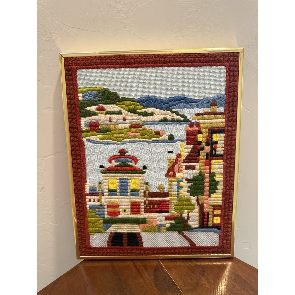 Vintage Mid Century Needlepoint Framed Wall Art Mediterranean Coastal Town Decor